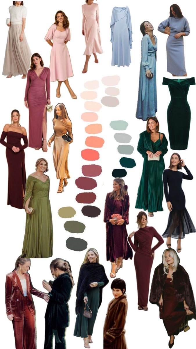 A collage of women wearing a variety of elegant dresses and outfits, featuring a range of colors including green, burgundy, black, and floral patterns. The styles include long flowing gowns, midi dresses, and layered looks with coats or shawls, accessorized with clutches and heels.
