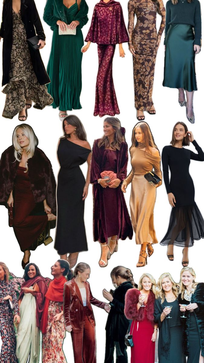 A collage of women wearing a variety of elegant dresses and outfits in pastel and neutral tones such as pink, blue, and beige. The styles include long gowns, midi dresses, and jumpsuits, with some featuring off-shoulder designs and others paired with color swatches showcasing the palette.