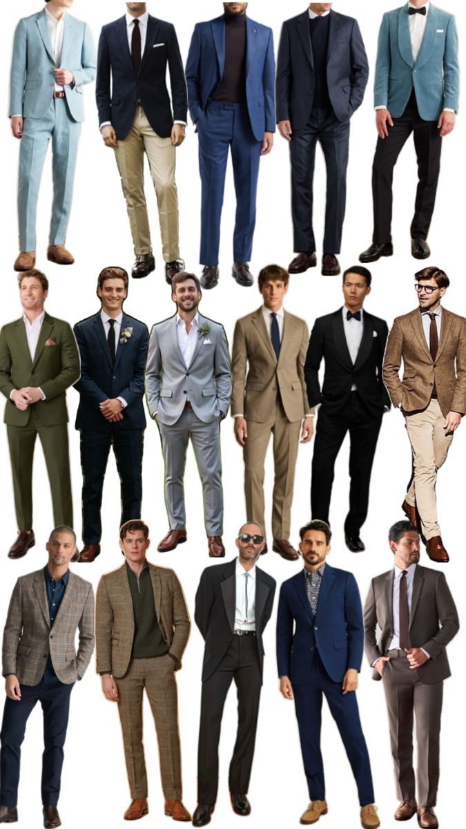 A collage of men wearing a variety of formal and semi-formal suits in colors such as blue, gray, brown, and green. The styles include single-breasted suits, tuxedos, and blazers paired with trousers, accessorized with ties, bow ties, and pocket squares, showcasing a range of modern and classic looks.